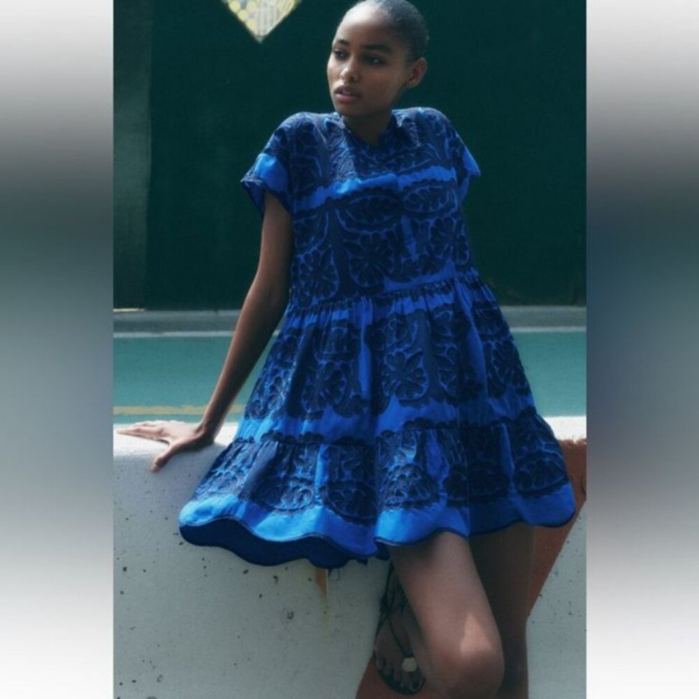 Zara Short Royal Blue Embroidered Dress, Size L, Excellent Used Condition